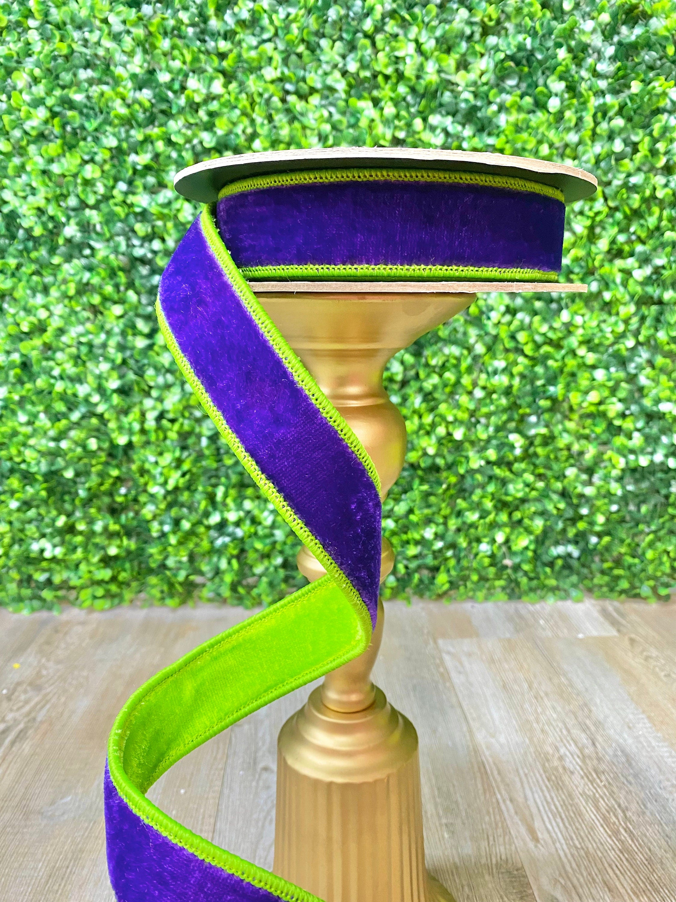 1 inch Purple & Lime Velvet  2- Tone Halloween  Ribbon - D Stevens - Wired - 5 yards