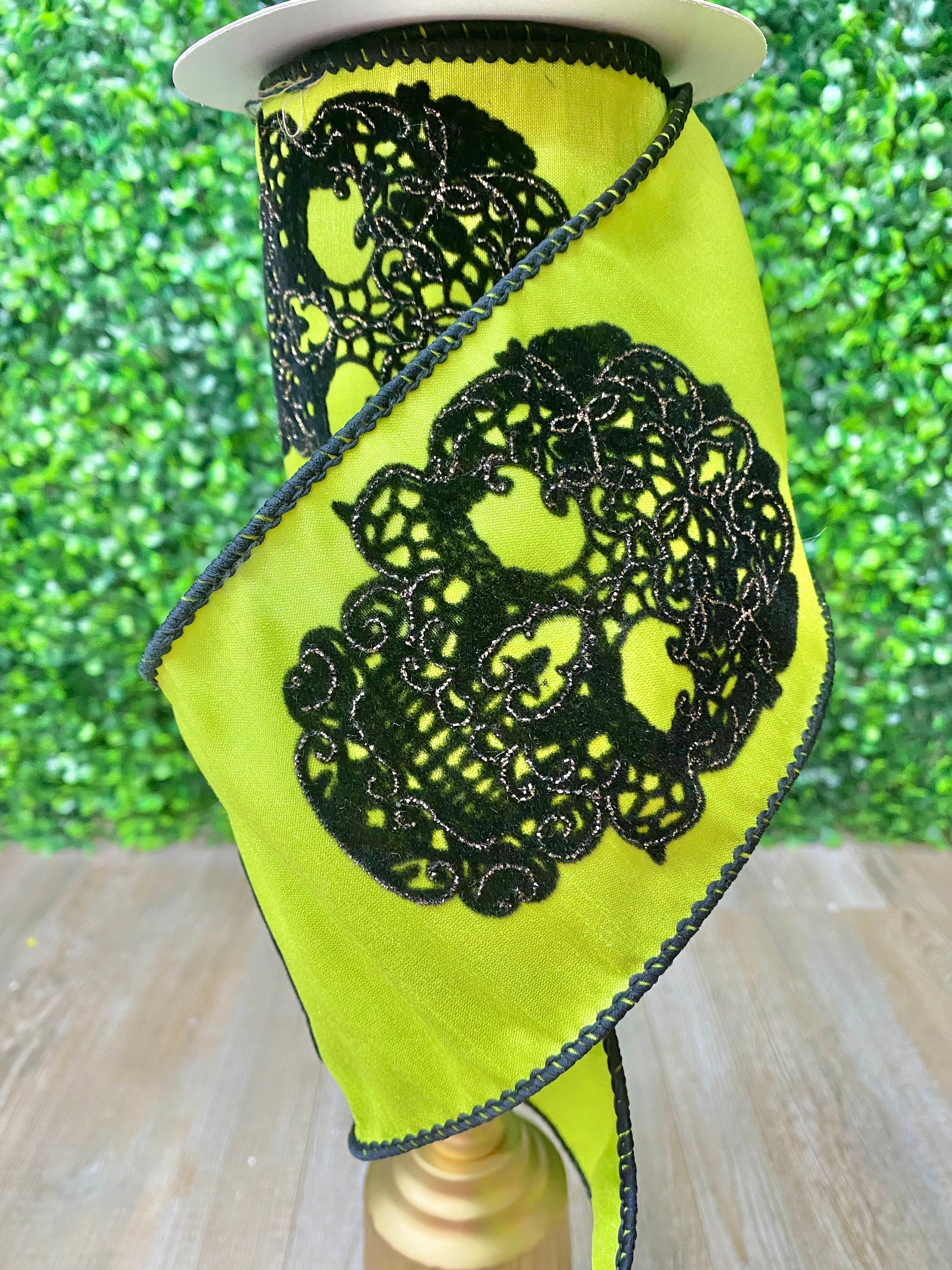 4 inch Lime Green w/ Black Velvet Glitter Skull ~ 5 yards ~ Wired