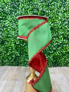 2.5” Green with Red Metallic Edge Fused Dupion Ribbon ~ 10 yards