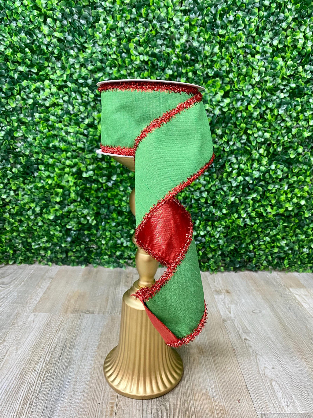 2.5” Green with Red Metallic Edge Fused Dupion Ribbon ~ 10 yards