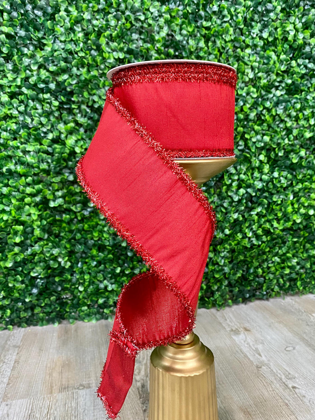 2.5” Red Metallic Edge Fused Dupion Ribbon ~ 10 yards