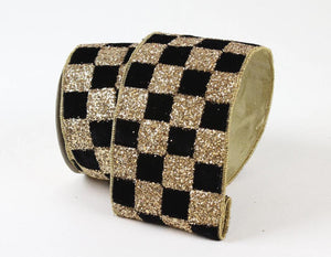 4” Black and Gold Chunky Checks Ribbon ~ 5 yards