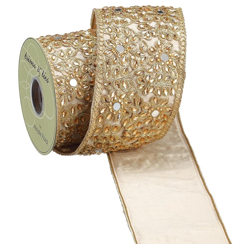 Gold Jeweled Trim Ribbon ~ 4in ~ Wired