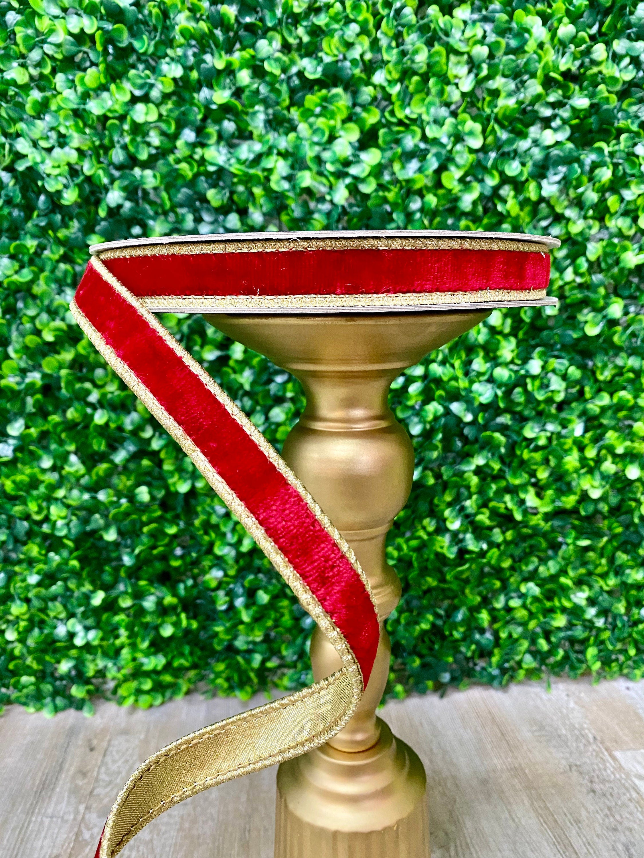 0.75 Inch Red Flashy Velvet & Gold Metallic Back Ribbon ~ 10 Yard