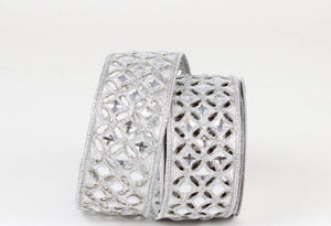 2 Inch Silver Jeweled Diamond Lace Ribbon, Jeweled Designer Ribbon, Diamond Christmas Ribbon