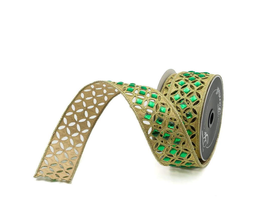 2 Inch Emerald and Gold Jeweled Diamond Lace Ribbon, Jeweled Designer Ribbon, Diamond Christmas Ribbon