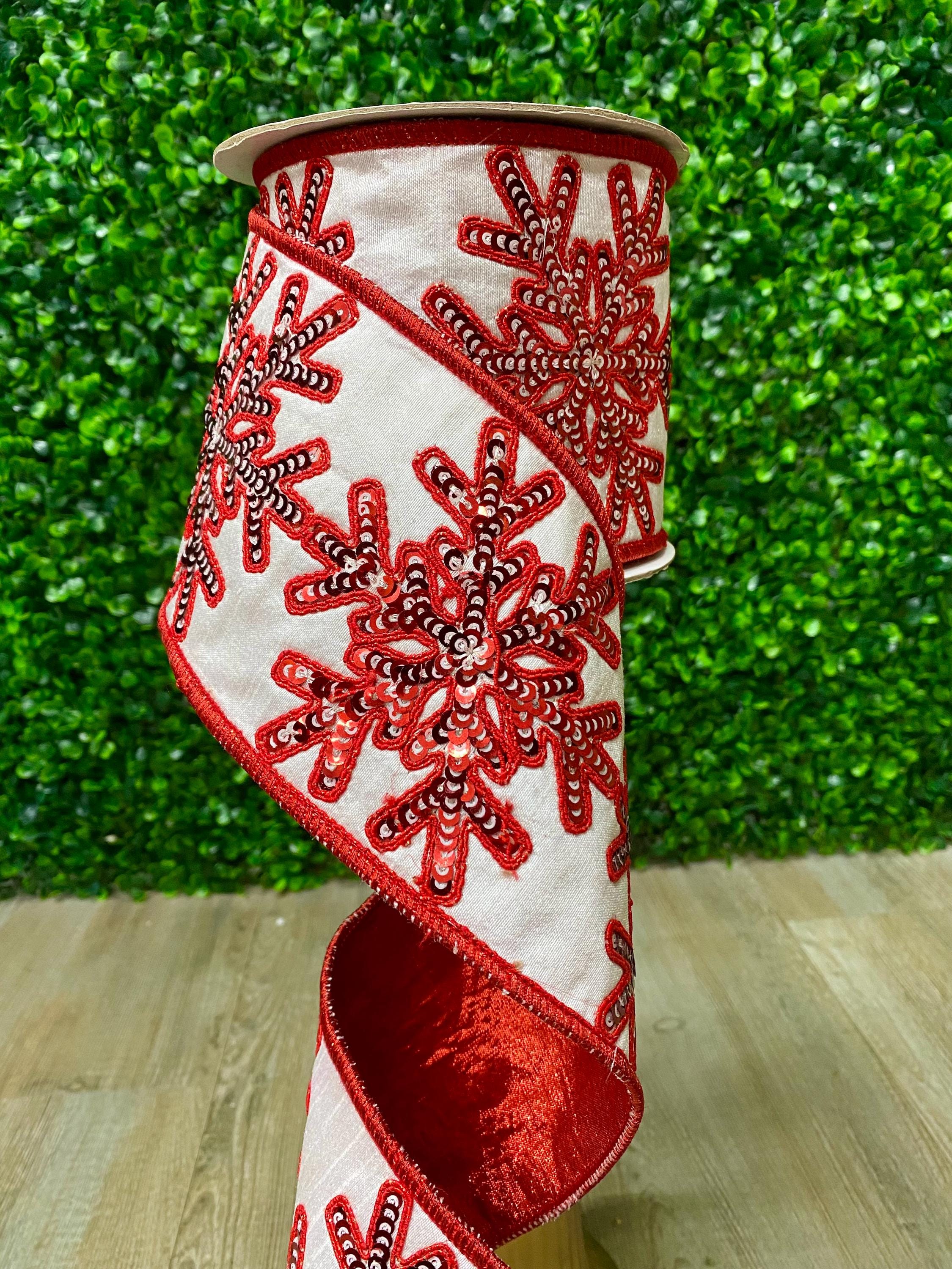 4” White and Red Sequined Snowflake Ribbon ~ 5 yards ~ Wired