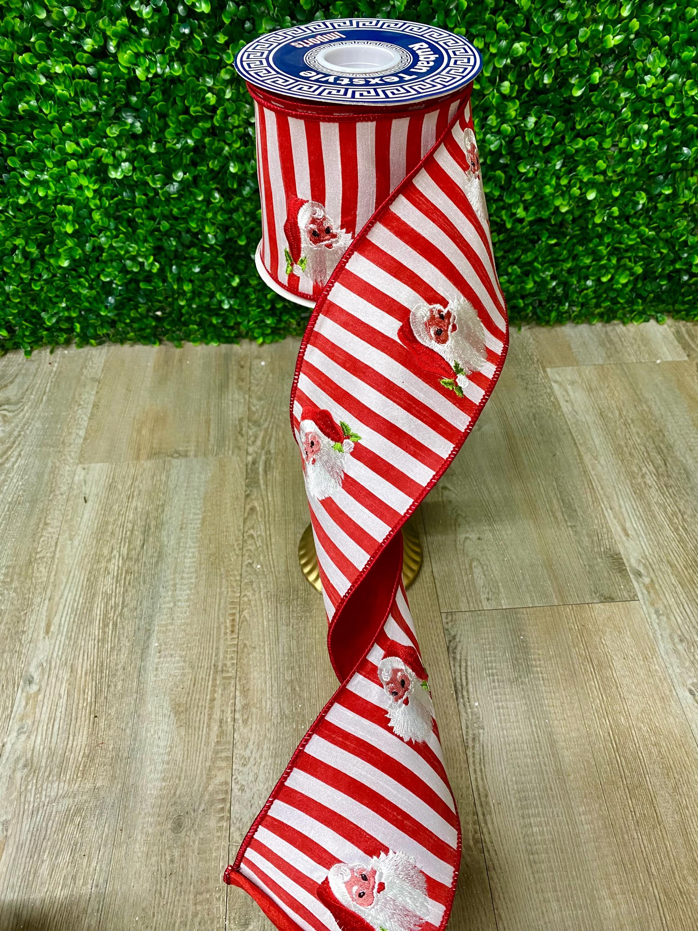 4” Red and White Striped Santa Face Ribbon - 10 yds