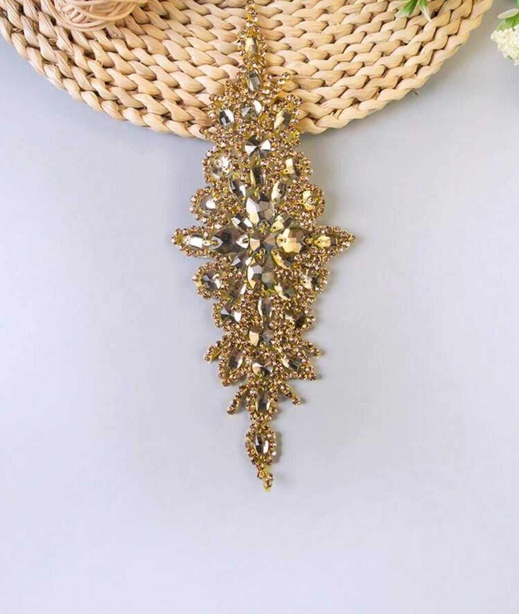 XXL Champagne Gold Rhinestone Appliqué - 9.5 in x 3.5 in