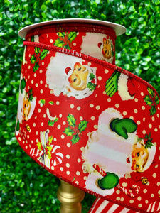 4” Jolly Santa Face w/ Red and White Striped Back Ribbon - 10 yds