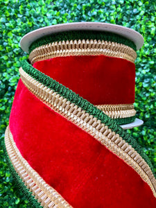 4” Royal Fringe Ribbon - Red Velvet with Green Fringe ~ 5 yards