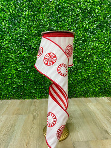 Peppermint Swirl Candy Ribbon w/ Striped Backing - Red/White