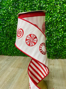 Peppermint Swirl Candy Ribbon w/ Striped Backing - Red/White