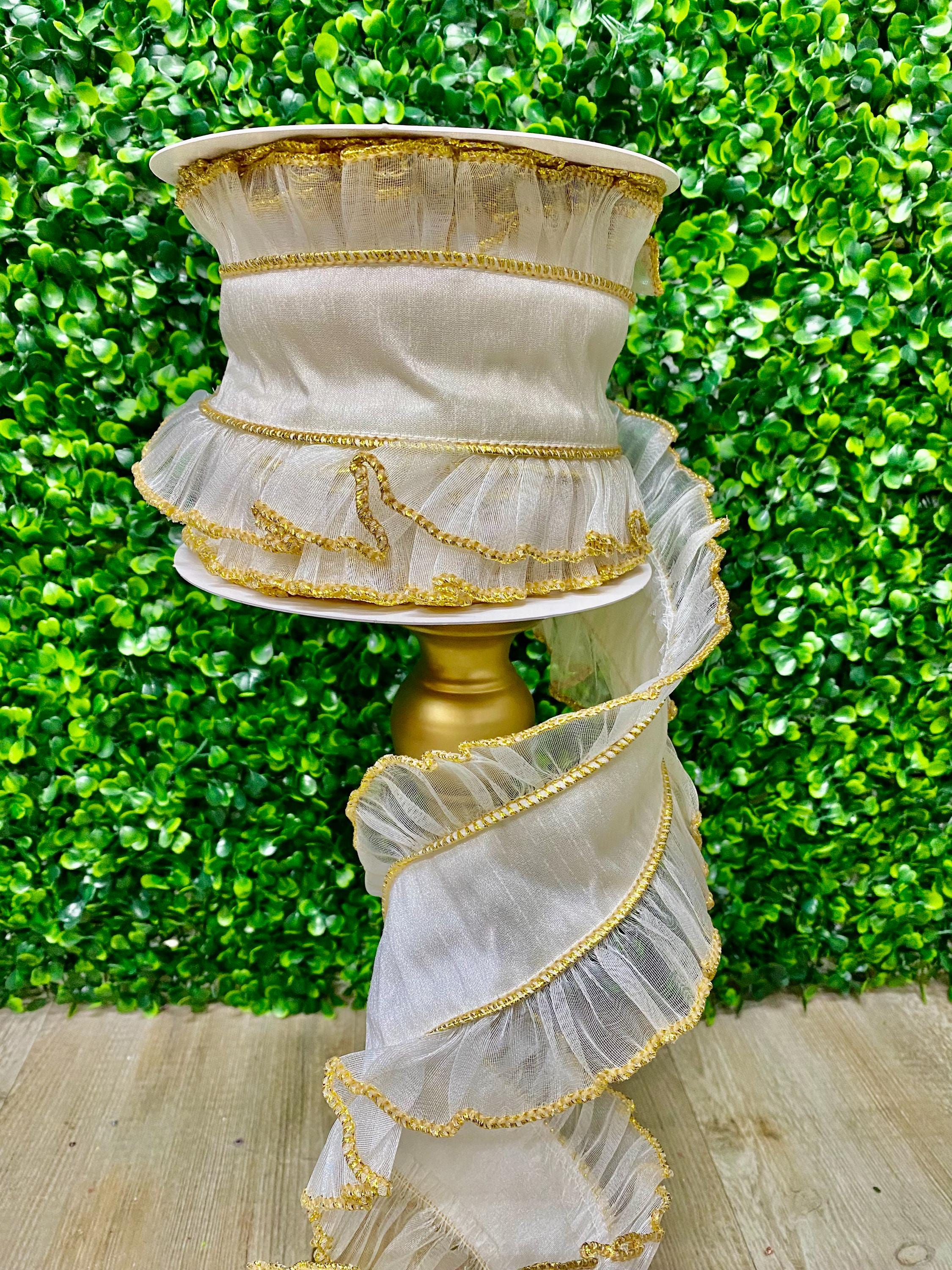 4” Sheer Ivory Ribbon W/ Ruffles and a Gold Trim - 10 yds