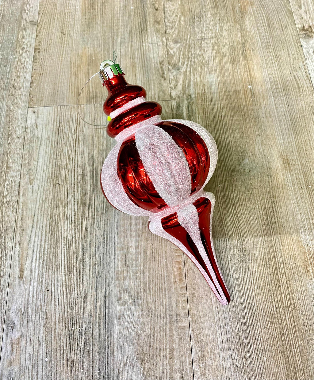 Red White Striped Finial Ornament - Shatterproof - H10 x W4.5