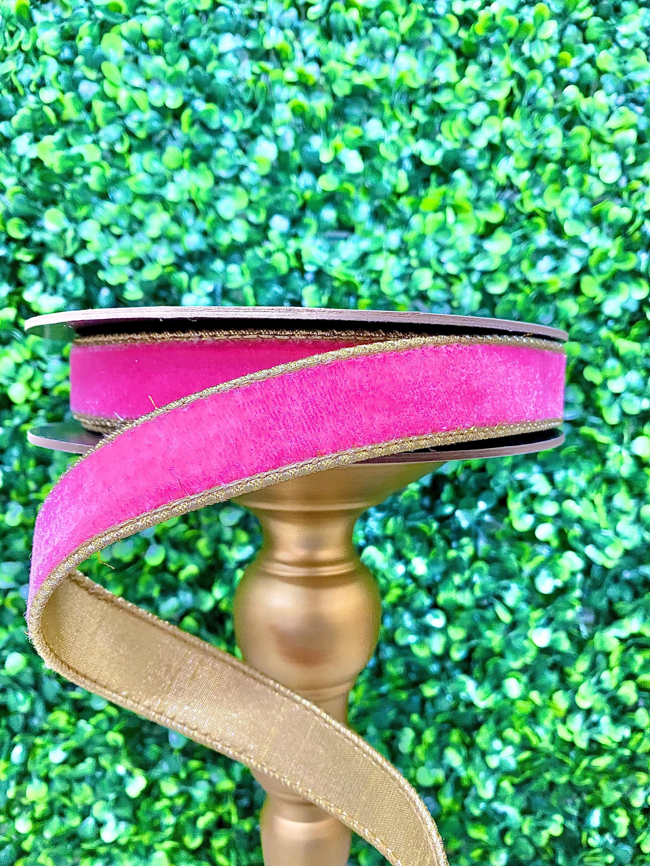 1 inch Bubblegum Pink Velvet Ribbon with Gold Back - 10 yds