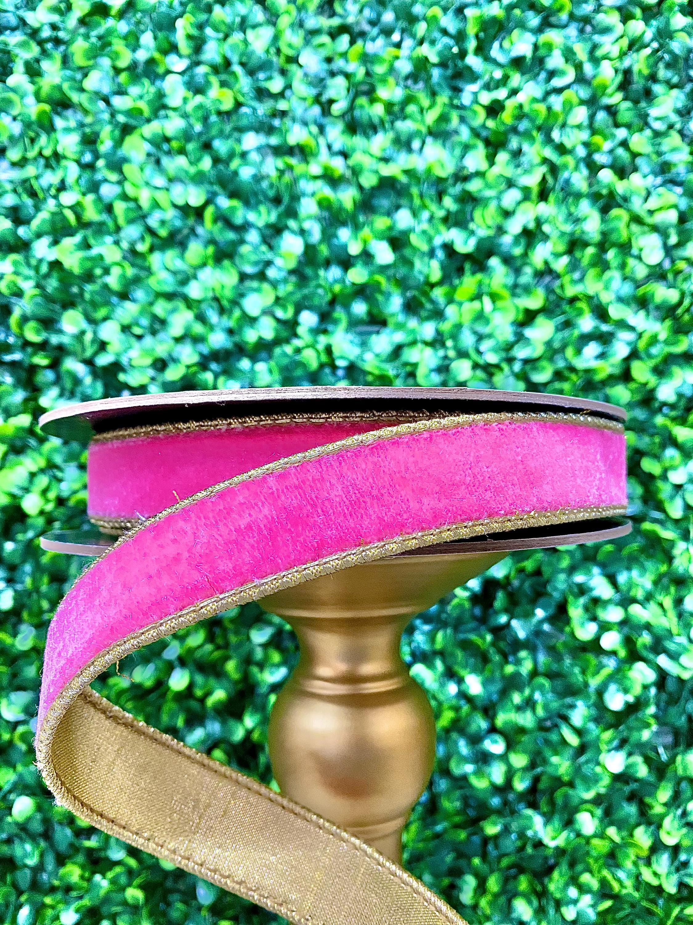 1 inch Bubblegum Pink Velvet Ribbon with Gold Back - 10 yds