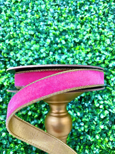 1 inch Bubblegum Pink Velvet Ribbon with Gold Back - 10 yds