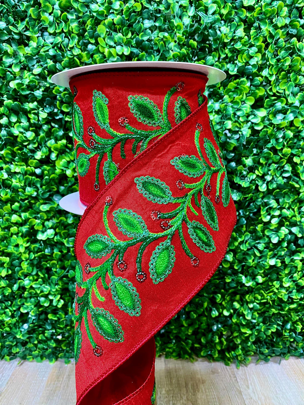 4 Inch Red w/ Green Sequin and Embroidered Vine Ribbon - 10 Yards