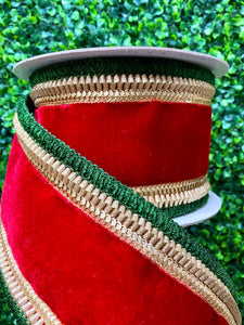 4” Royal Fringe Ribbon - Red Velvet with Green Fringe ~ 5 yards