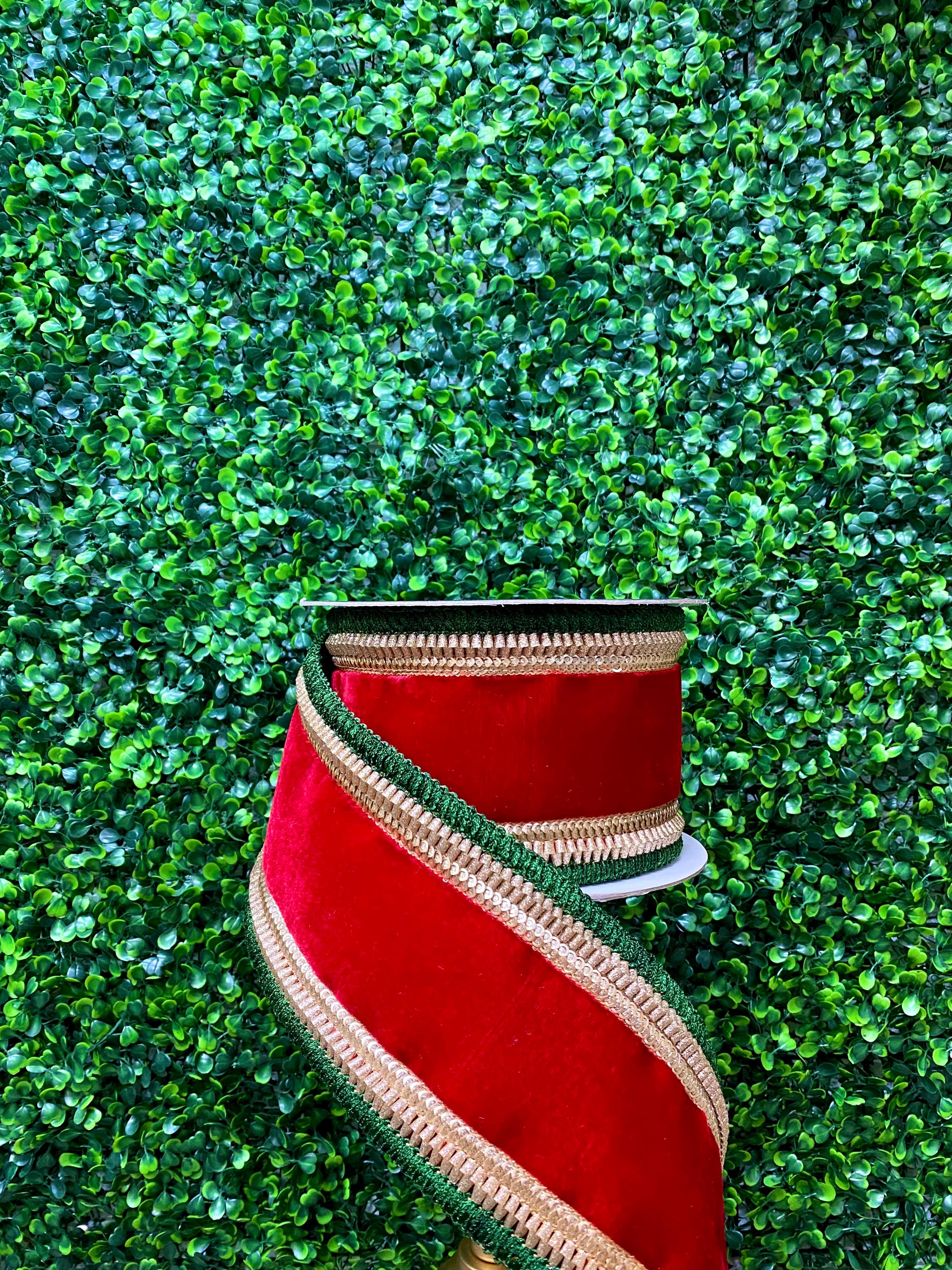 4” Royal Fringe Ribbon - Red Velvet with Green Fringe ~ 5 yards