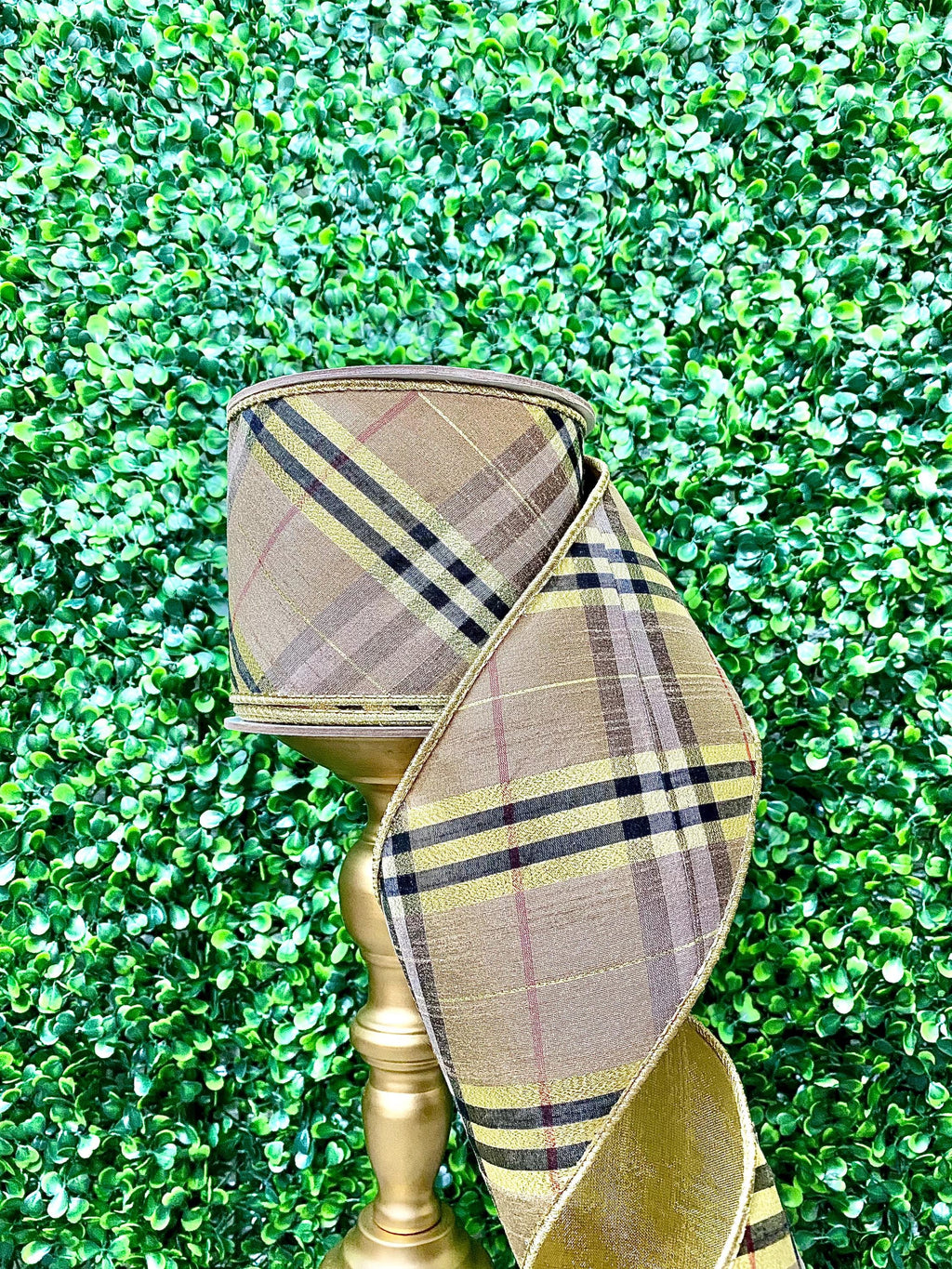 4 Inch Gold and Black Diagonal Plaid with Gold Back ~ 10 yards