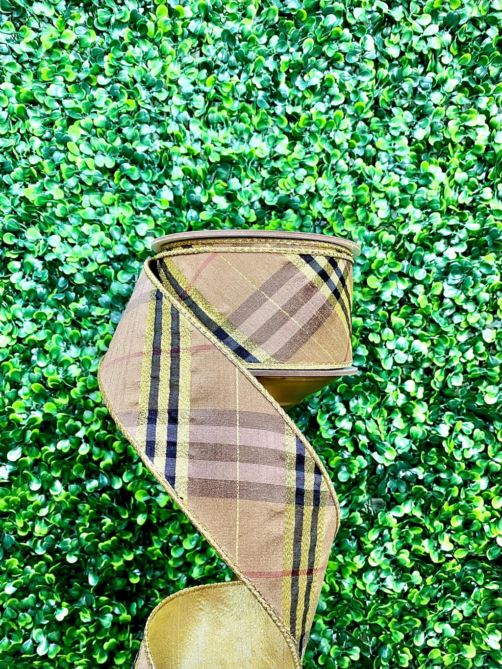 2.5 Inch Gold and Black Diagonal Plaid with Gold Back ~ 10 yards
