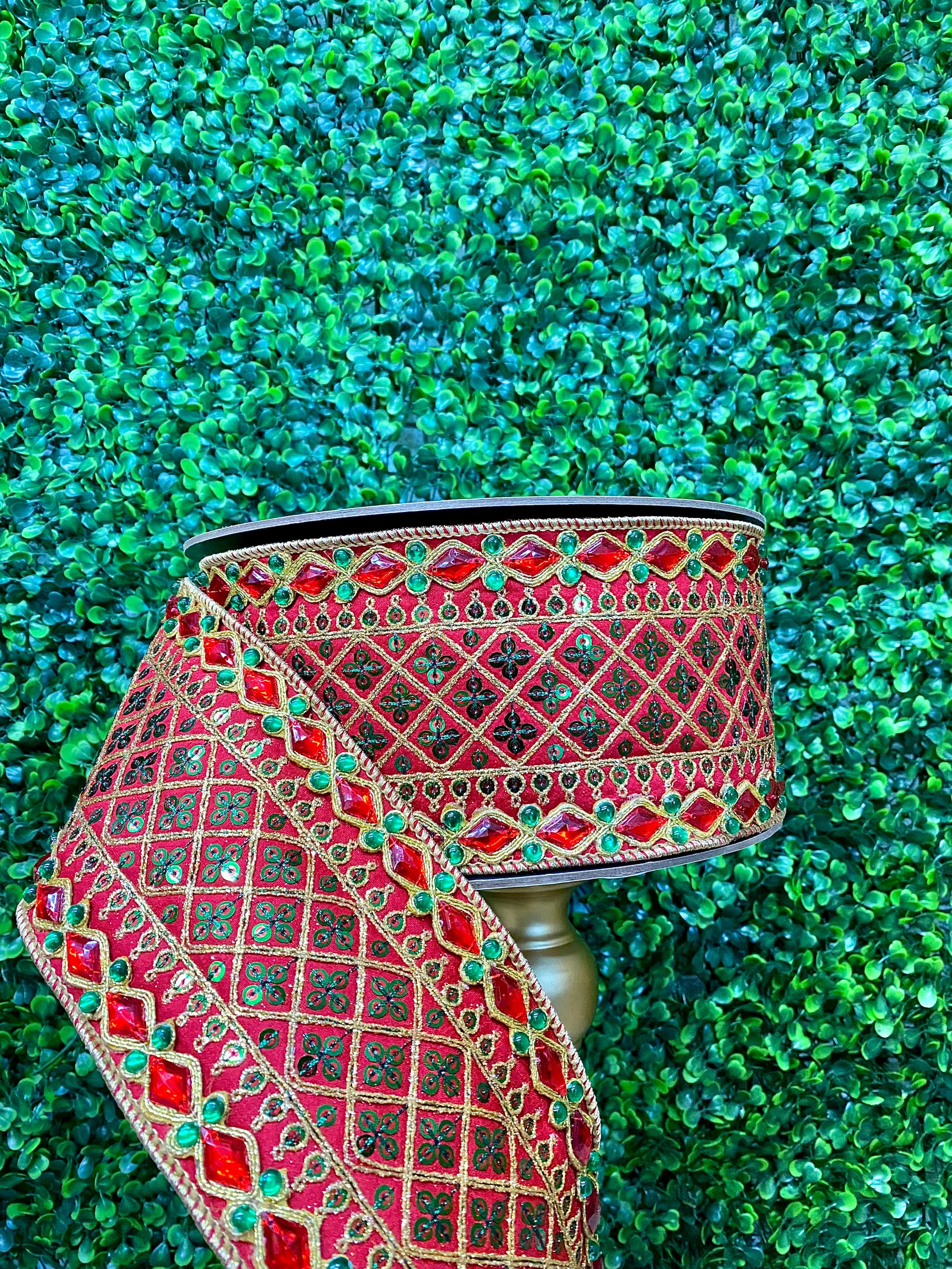 4” Dupion Green and Red Sequin on Red Ribbon - 10 yds