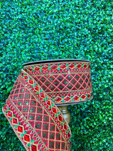 4” Dupion Green and Red Sequin on Red Ribbon - 10 yds