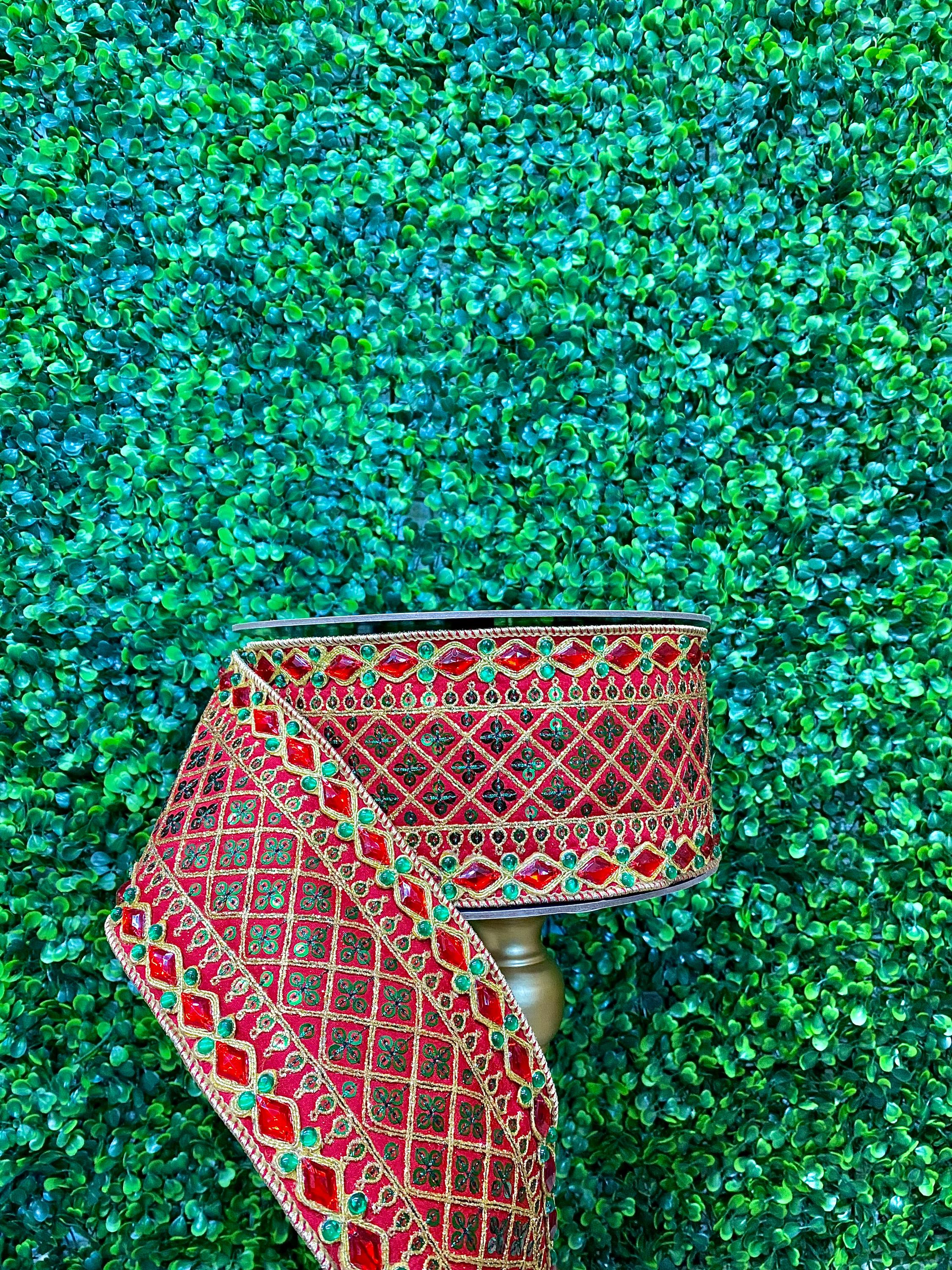 4” Dupion Green and Red Sequin on Red Ribbon - 10 yds