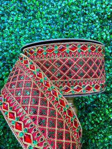 4” Dupion Green and Red Sequin on Red Ribbon - 10 yds