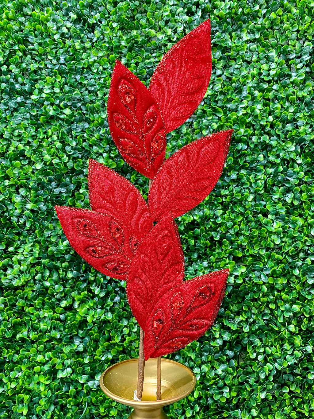 26 inch Red Velvet Leaf Spray with Jewel