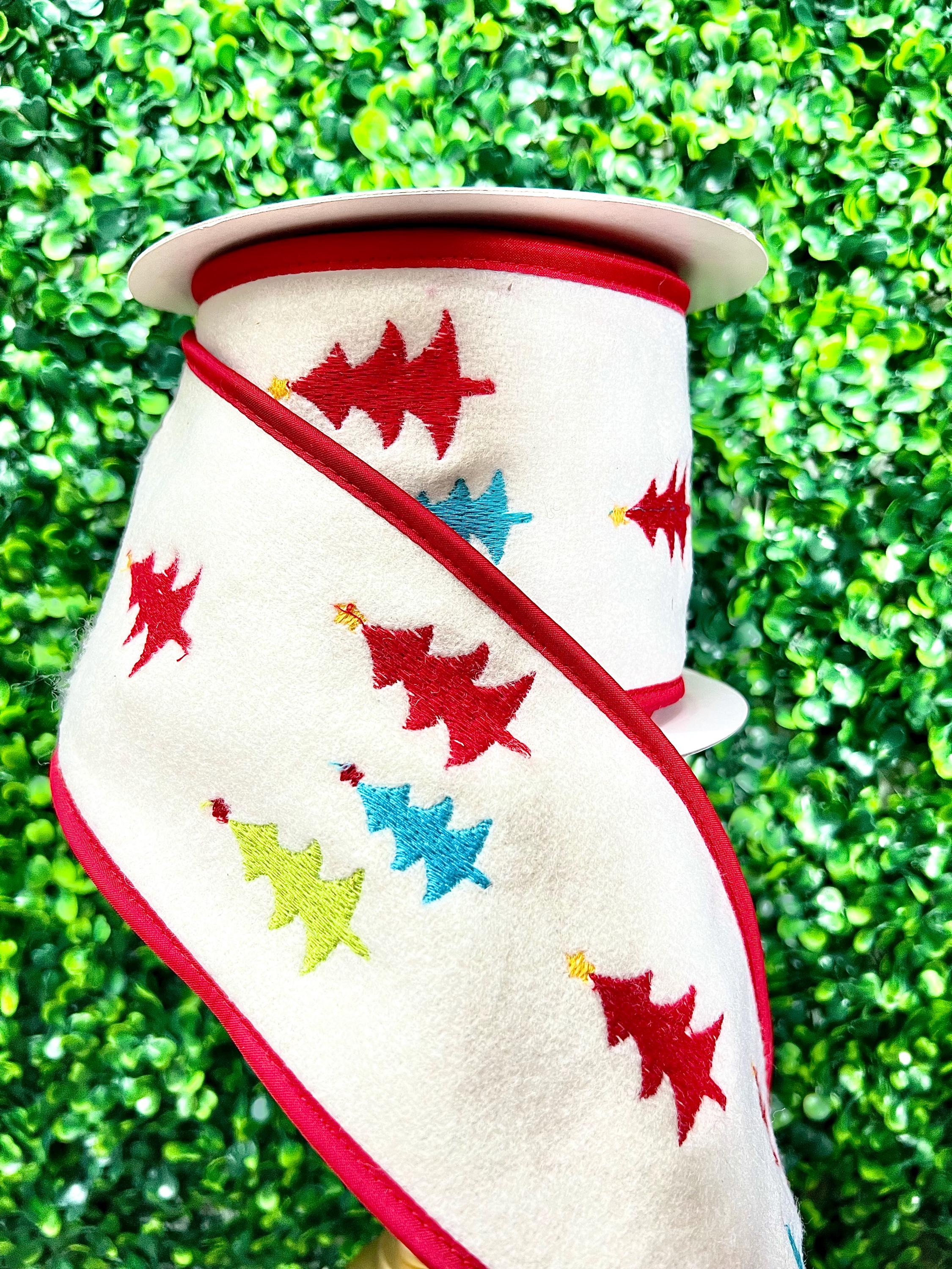 4” Embroidered Tree/Star Wool Felt Ribbon - 5 yards Christmas Tree Ribbon, Luxury Ribbon