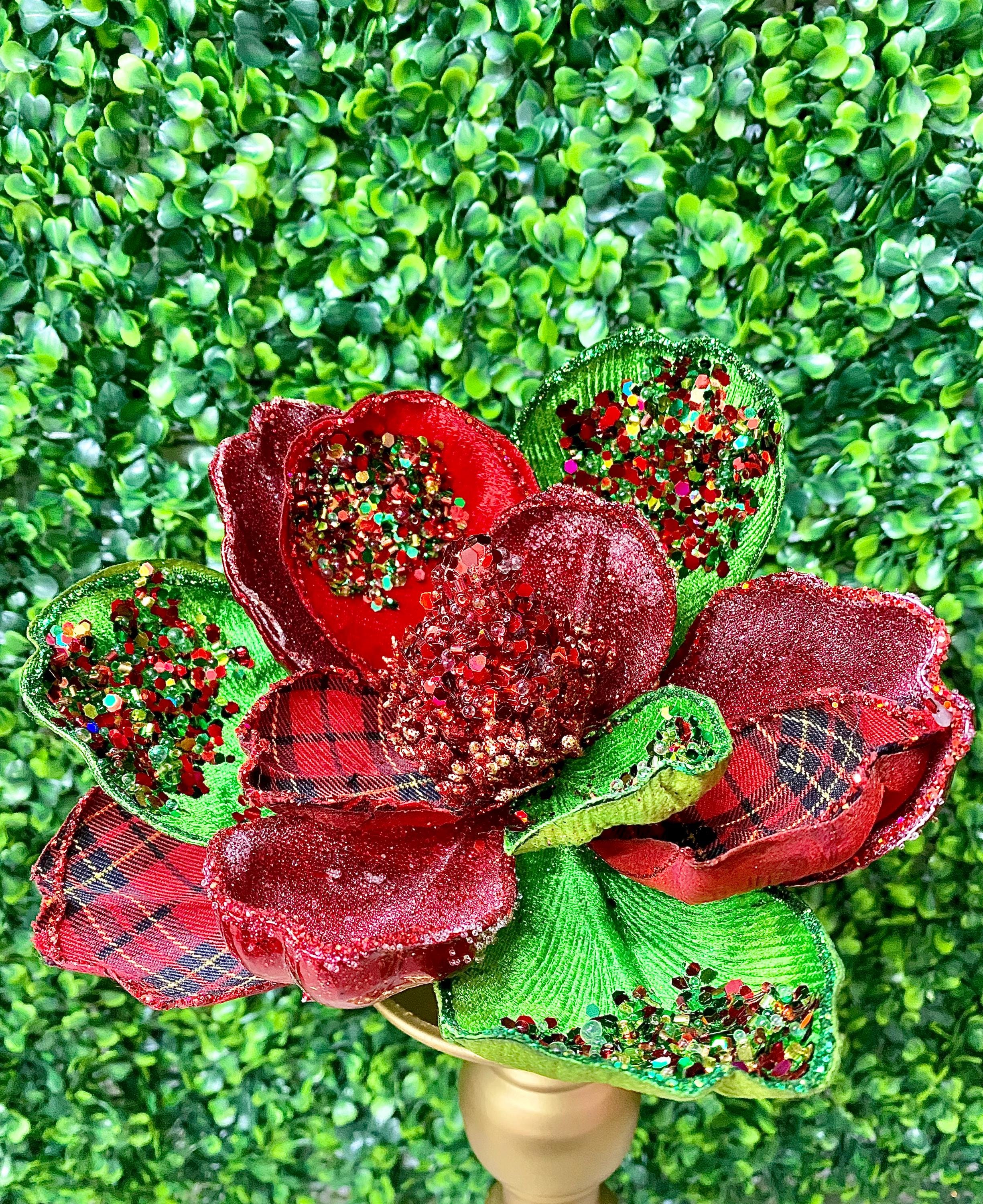 Red and Green Sparkle Plaid Magnolia - H 19.5 x D 7