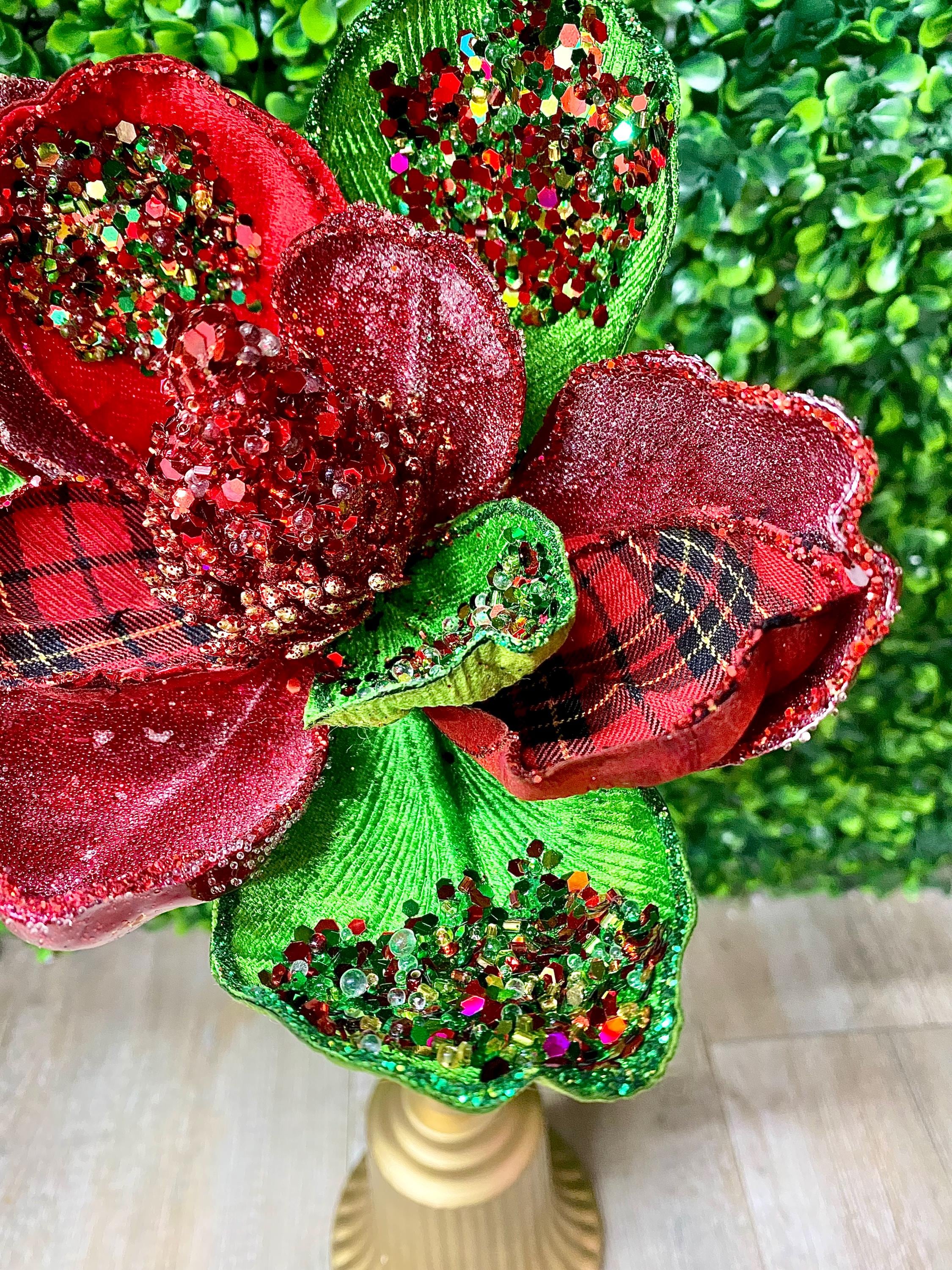 Red and Green Sparkle Plaid Magnolia - H 19.5 x D 7