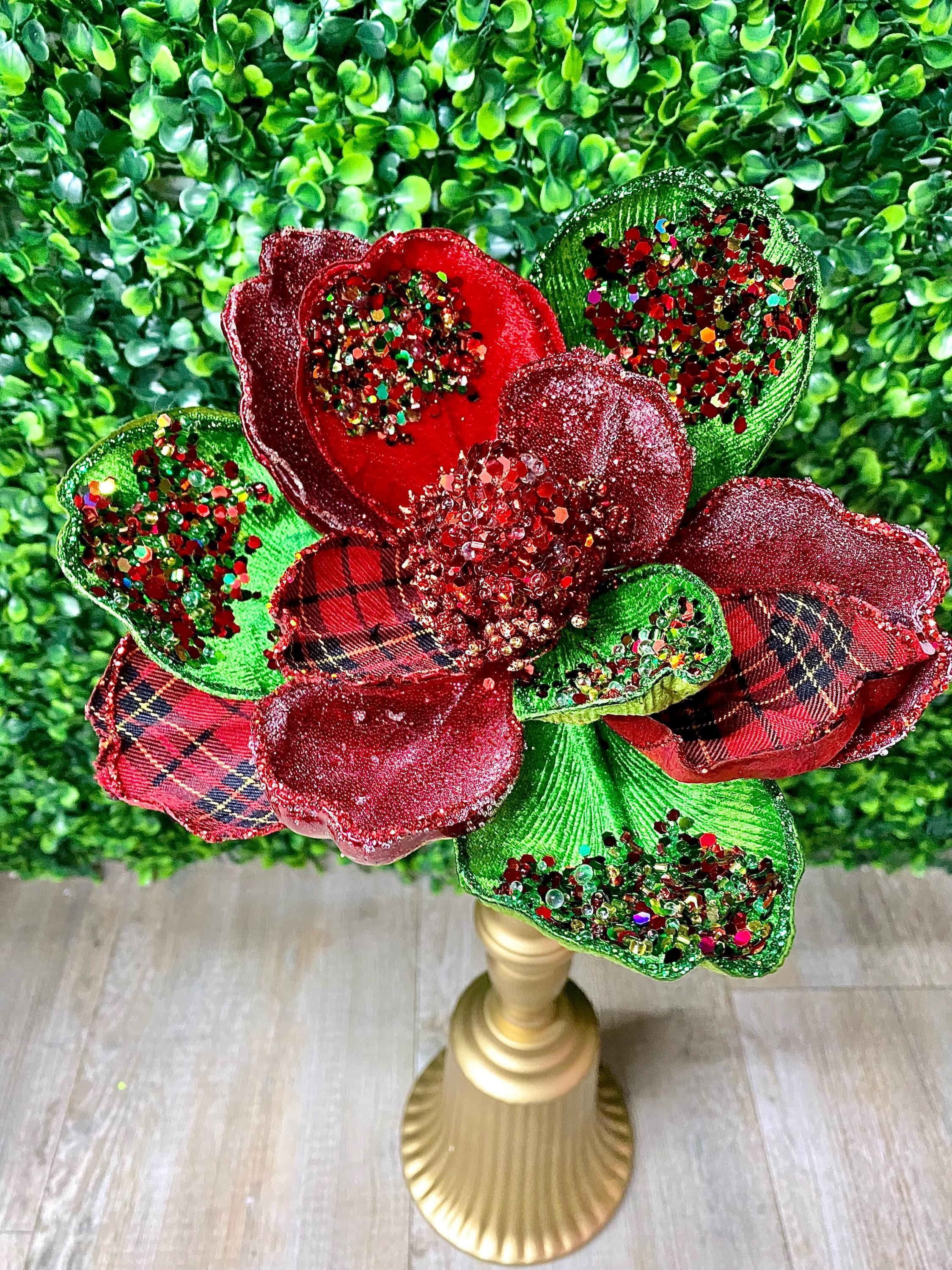 Red and Green Sparkle Plaid Magnolia - H 19.5 x D 7