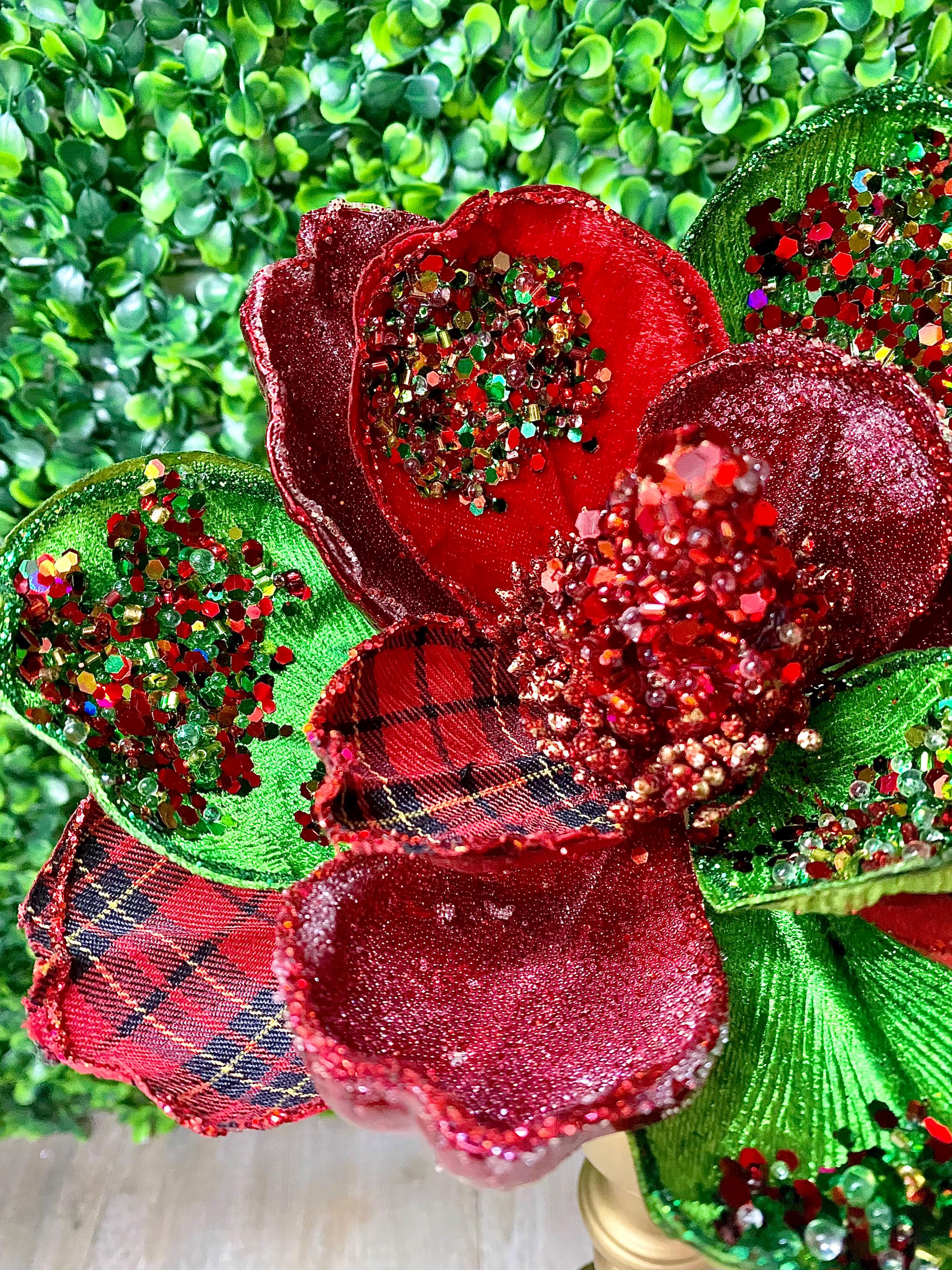 Red and Green Sparkle Plaid Magnolia - H 19.5 x D 7