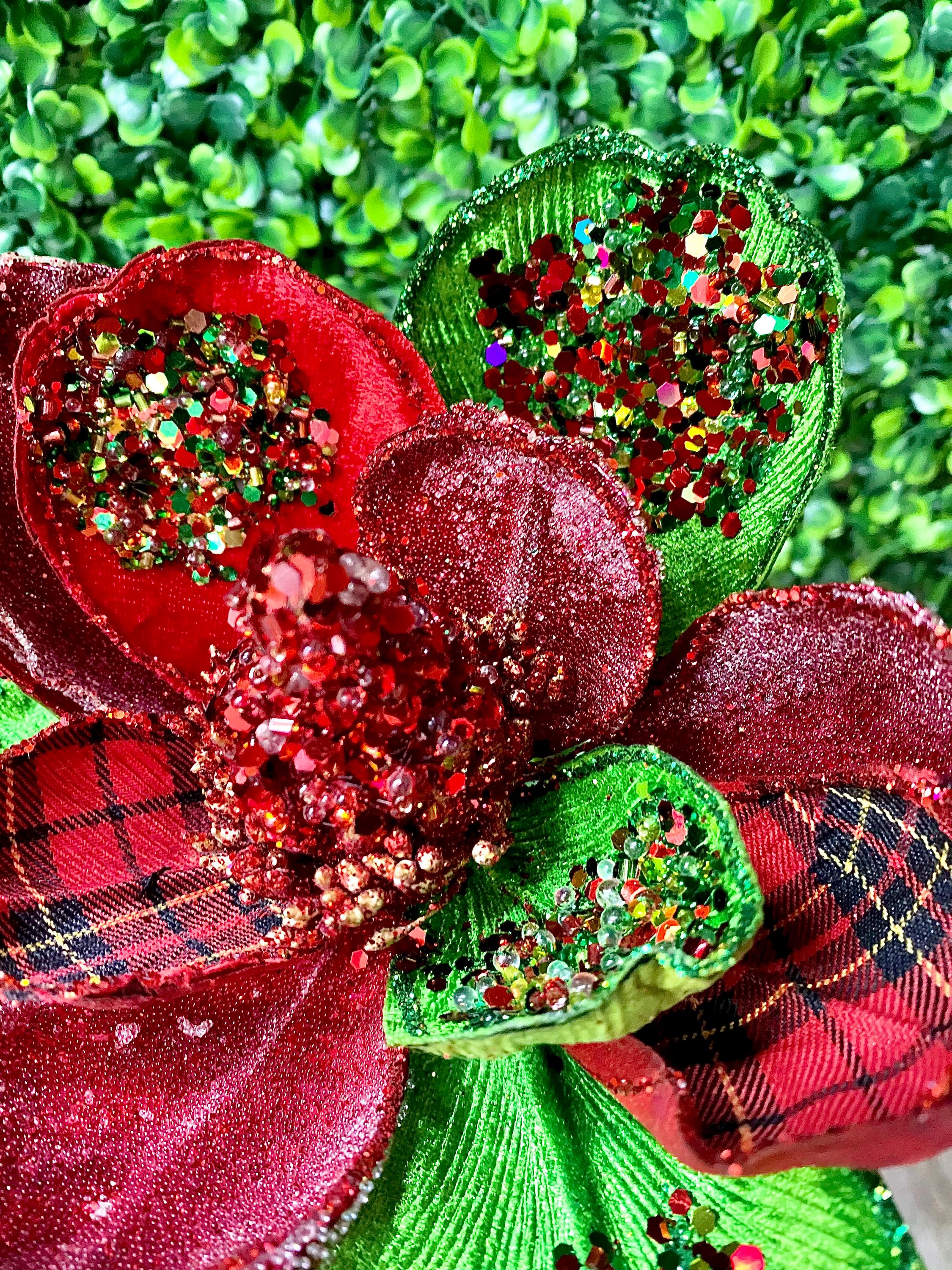Red and Green Sparkle Plaid Magnolia - H 19.5 x D 7