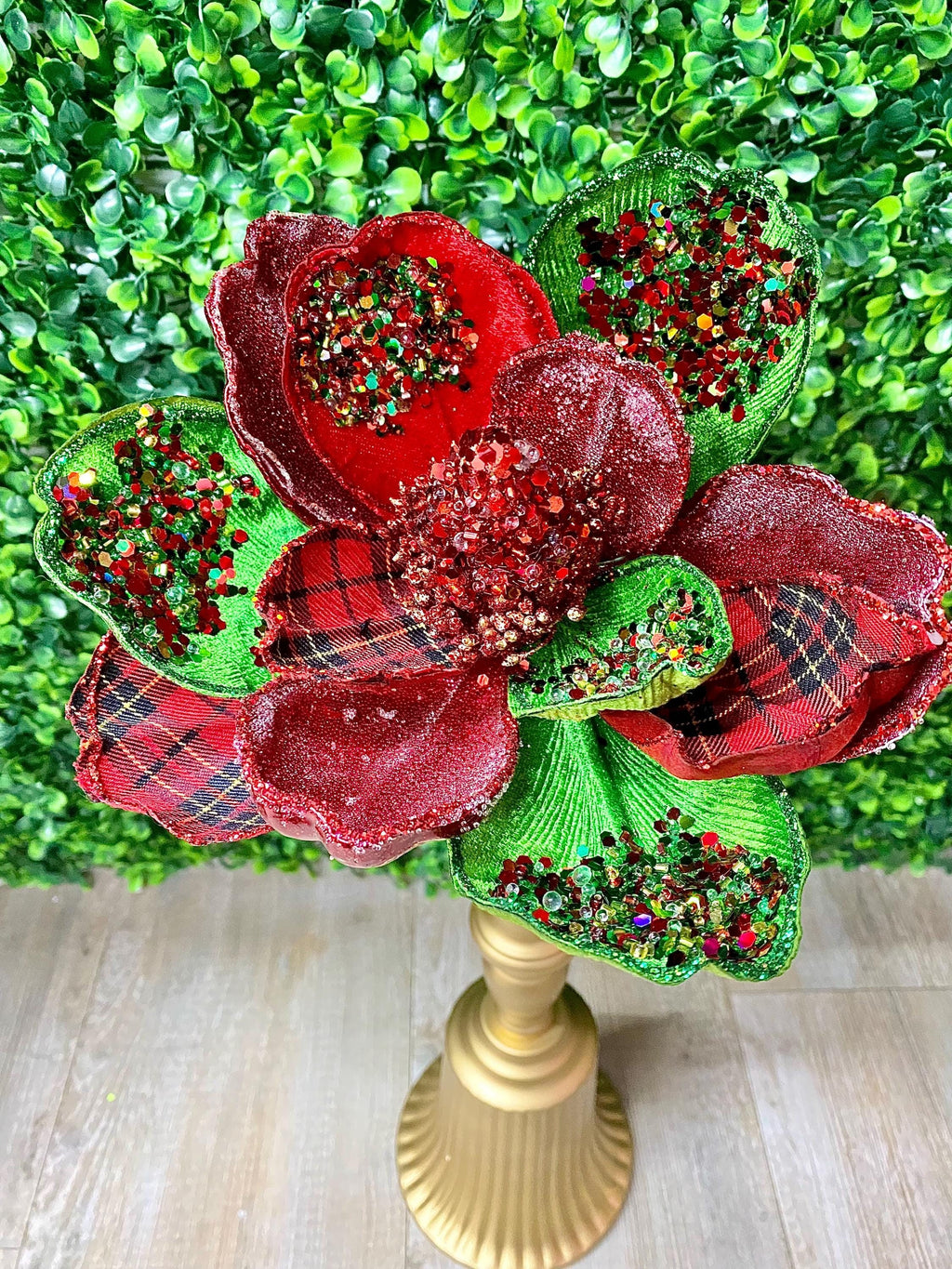 Red and Green Sparkle Plaid Magnolia - H 19.5 x D 7