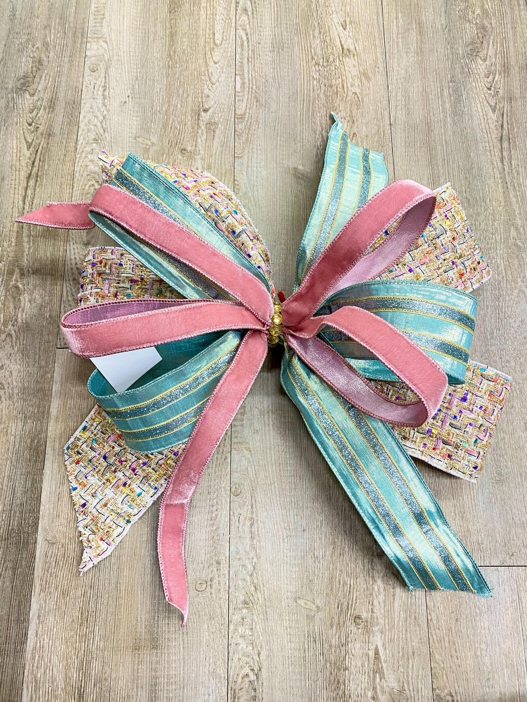 Tweed and Shimmer Velvet Bow, Pink and Minty Blue luxurious ribbon - Velvet Oversized Bow, Outdoor Bow, Weather Resistant, Pink Velvet Bow