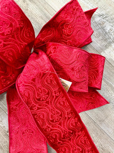 Red Textured Velvet Bow - Luxurious Wired Ribbon - Velvet Oversized Bow, Outdoor Bow, Weather Resistant, Red Velvet Bow