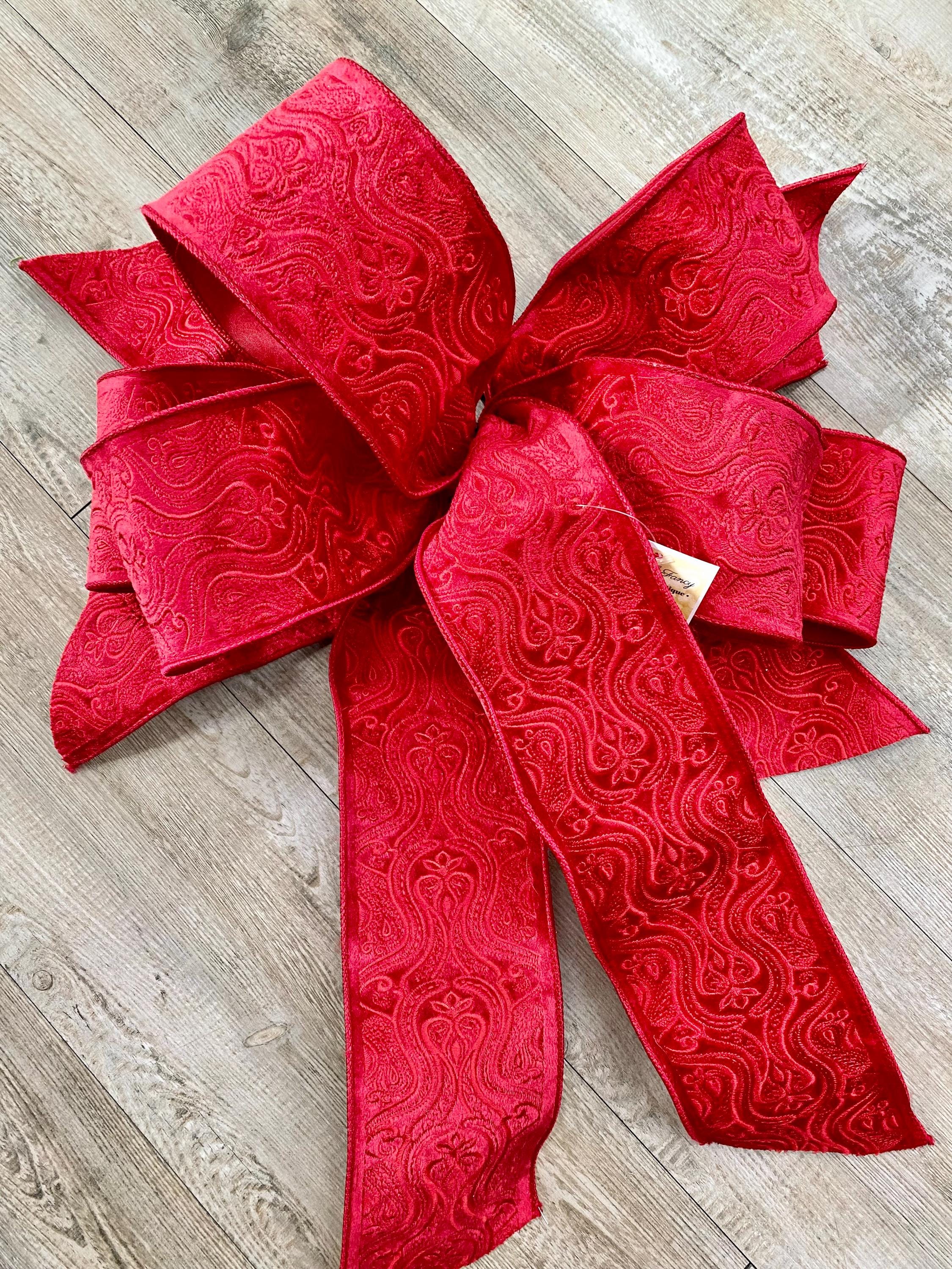 Red Textured Velvet Bow - Luxurious Wired Ribbon - Velvet Oversized Bow, Outdoor Bow, Weather Resistant, Red Velvet Bow