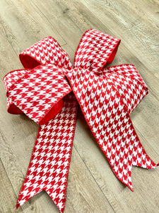 Red and White Houndstooth Bow, luxury Wired ribbon - Oversized Bow, Outdoor Bow, Weather Resistant, red Bow