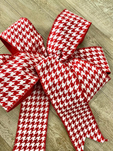 Red and White Houndstooth Bow, luxury Wired ribbon - Oversized Bow, Outdoor Bow, Weather Resistant, red Bow