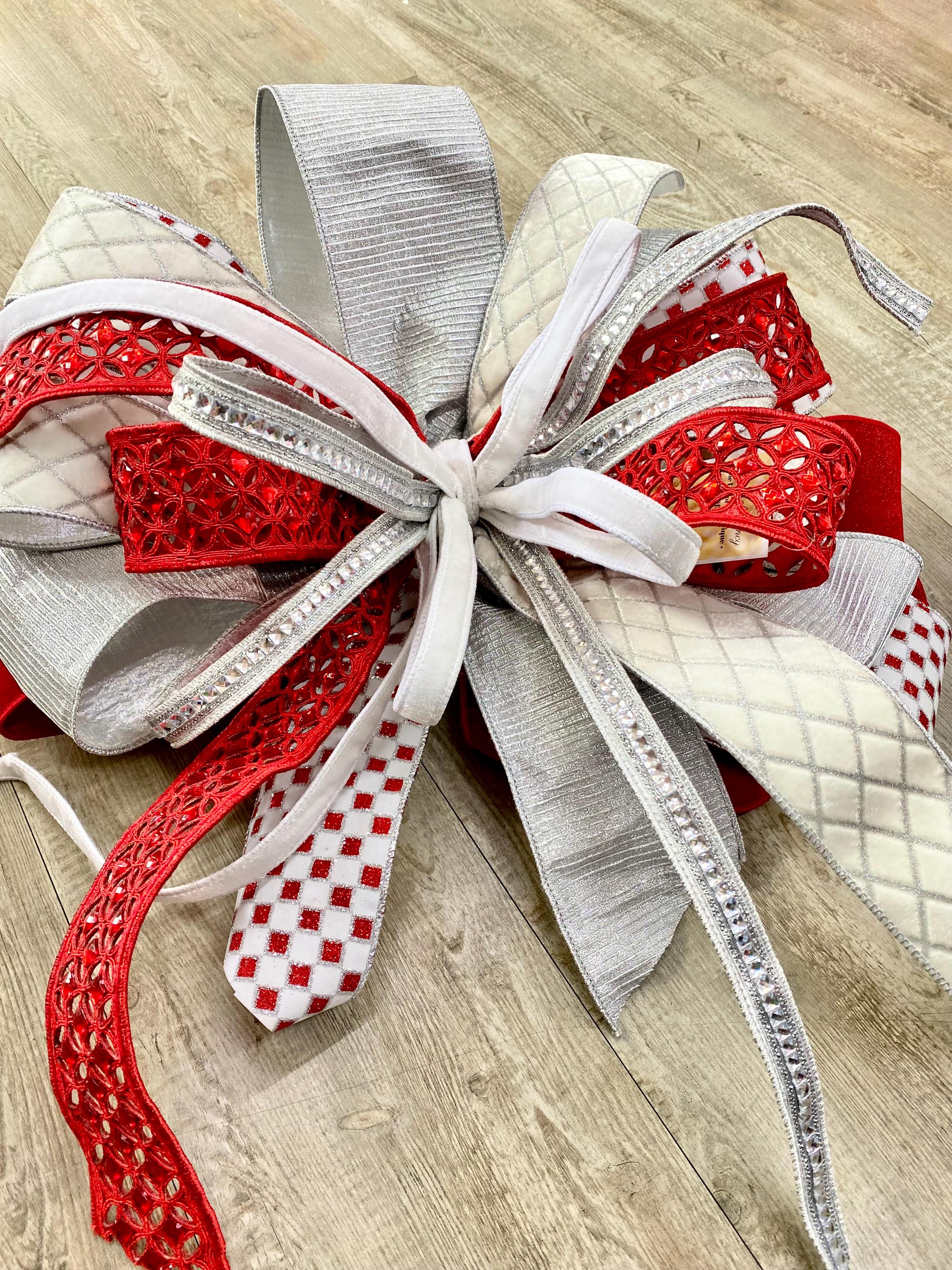 Red and White and GLAM Bow, Jeweled Luxury Wired ribbon - Oversized Bow, Outdoor Bow, Weather Resistant, red Bow