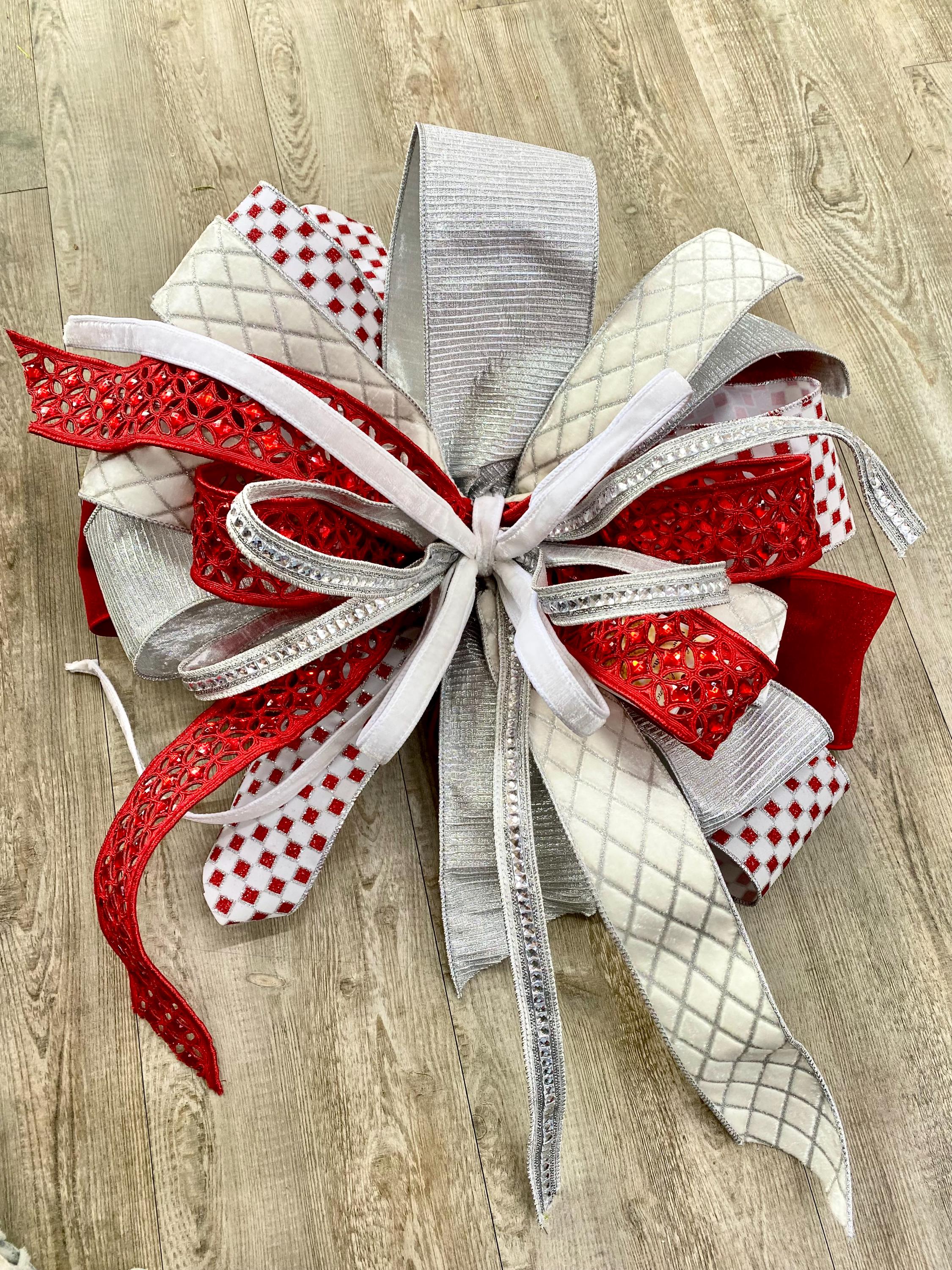 Red and White and GLAM Bow, Jeweled Luxury Wired ribbon - Oversized Bow, Outdoor Bow, Weather Resistant, red Bow