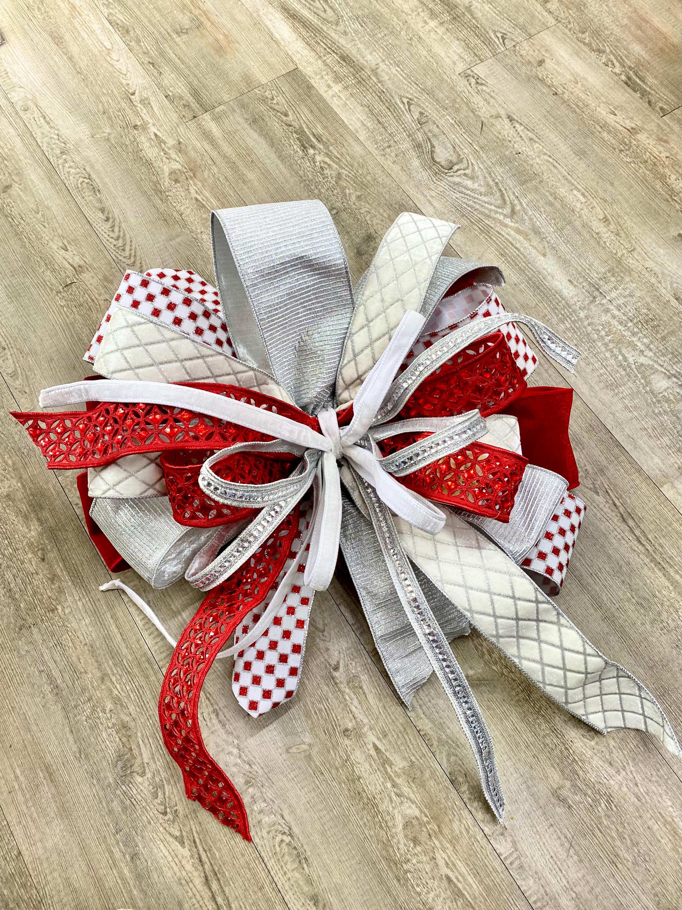 Red and White and GLAM Bow, Jeweled Luxury Wired ribbon - Oversized Bow, Outdoor Bow, Weather Resistant, red Bow