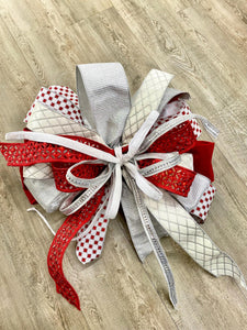 Red and White and GLAM Bow, Jeweled Luxury Wired ribbon - Oversized Bow, Outdoor Bow, Weather Resistant, red Bow