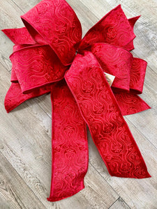 Red Textured Velvet Bow - Luxurious Wired Ribbon - Velvet Oversized Bow, Outdoor Bow, Weather Resistant, Red Velvet Bow