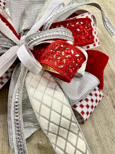 Red and White and GLAM Bow, Jeweled Luxury Wired ribbon - Oversized Bow, Outdoor Bow, Weather Resistant, red Bow